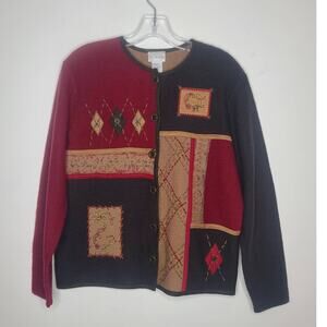 Koret Petites red tan green colorblock wool cardigan sweater - medium petite